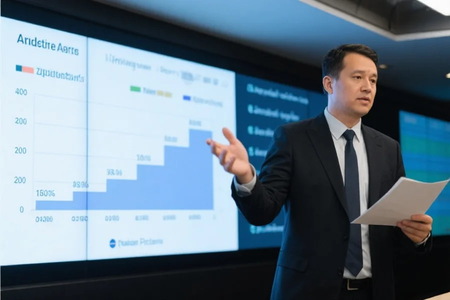 图表显示产品销量的季度变化,旁边有分析师在做解读